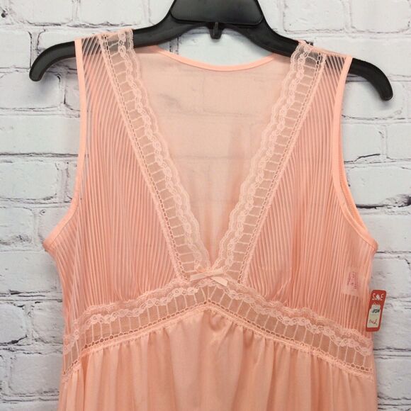 Vtg Figurfit Long Nightgown Women's Sz M Peach Sheer Accordion Pleats Lace Flowy - Picture 5 of 11